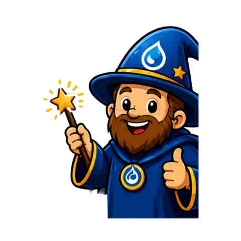 A smiling cartoon wizard with a brown beard, wearing a blue hat and robe adorned with a water drop logo, holding a star-tipped magic wand and giving a thumbs up.